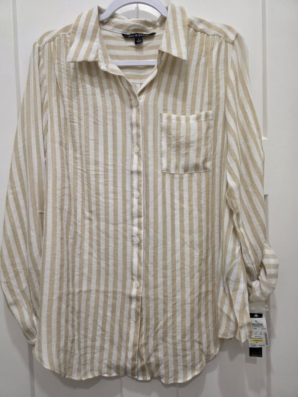 Zac & Rachel Lt. Stone/White Striped Roll-Tab Sleeves Button Up Shirt Large NWT